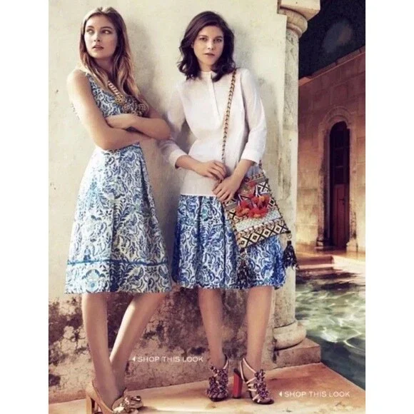 Tory Burch Ramona Fit & Flare Dress Floral Blue Silk Blend celeb Runway 12 $450 - Picture 3 of 16